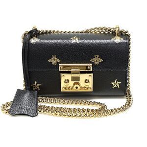 Black Leather Bee Star Padlock Small Shoulder Bag